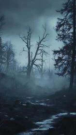 Fog drenched forest path under storm darkened sky.