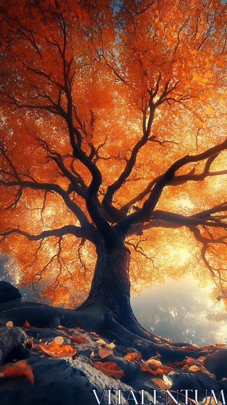 Glowing autumn tree sharing warm light through golden leaves.