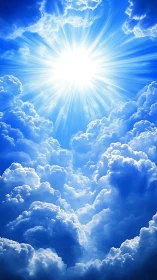 Radiant sunburst over dense blue cumulus cloud layers.