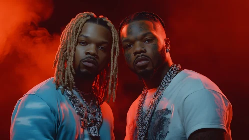 Dual portrait in red haze with dramatic gemstone chains.