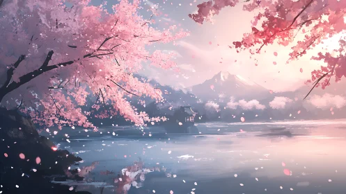 Serene lakeside shrine framed by luminous cherry blossoms.