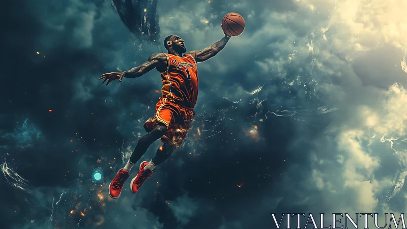 Cosmic basketball dunk freezes midair over storm clouds.