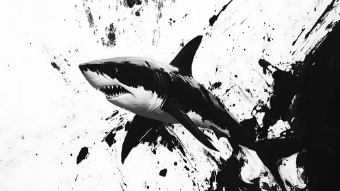 Monochrome shark illustration with dynamic ink splatters.