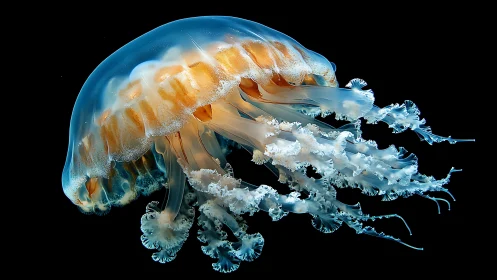 Transparent jellyfish profile against uniform black marine background.