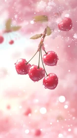Glowing cherries hang in dreamy pink spring light.