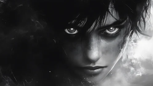 Monochrome close-up of intense human-like digital face.