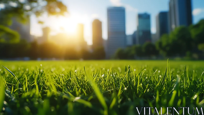 Low-angle city park grass glows under strong sunrise backlight