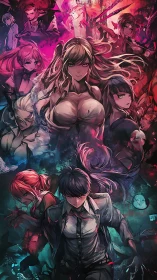 Dynamic multi-character anime collage under neon chromatic lighting