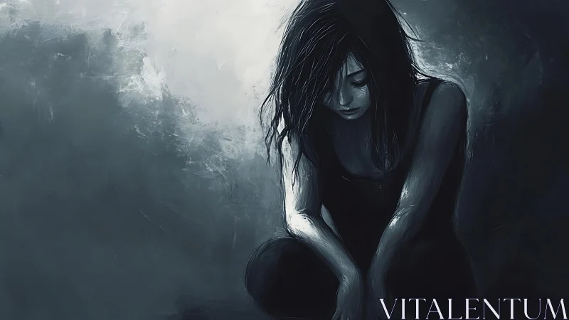 Digital painting of pensive woman in monochrome chiaroscuro mood.
