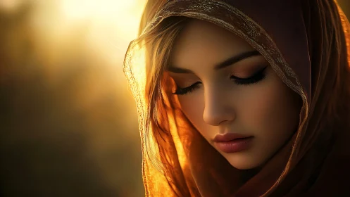 Veiled young woman bathed in warm backlit golden glow