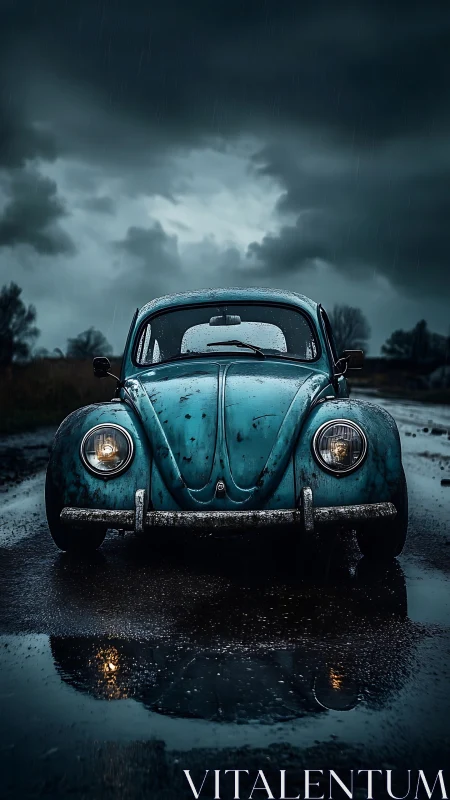 Storm-kissed turquoise beetle waits beneath brooding skies.