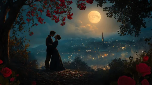 Moonlit Embrace Over Historic Cityscape with Rose Garden.