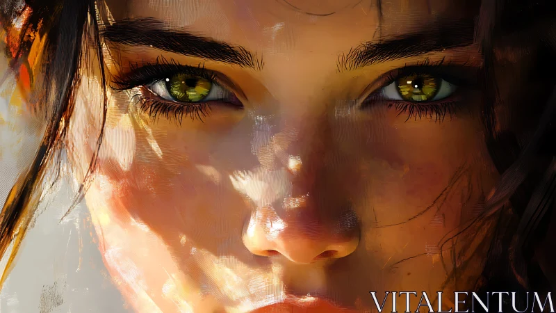 Intense green eyes emerge from painterly sunlit shadows.