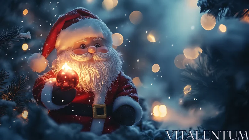 Snow-dusted Santa toy cradles one glowing Christmas bauble