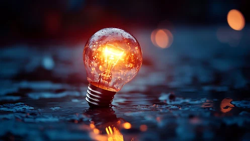 Glowing light bulb resting on wet reflective surface at dusk.