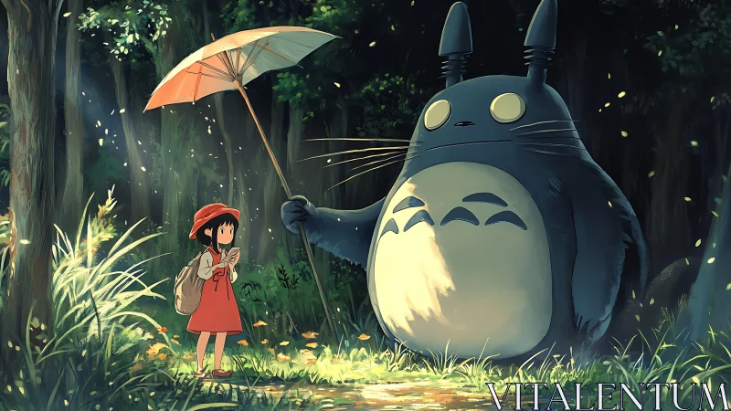 Forest spirit shelters girl under umbrella in glowing woodland