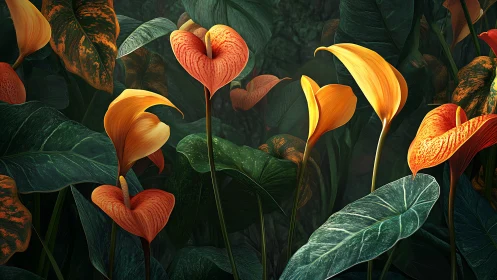 Golden calla lilies glow gently in a lush jungle garden