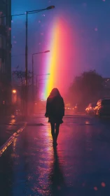 Silhouette on wet city street facing vertical neon rainbow.