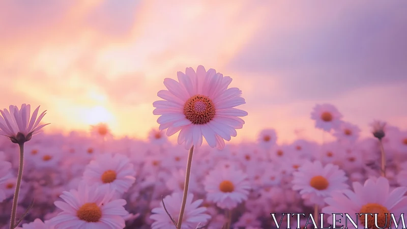 Pink Daisy Field at Sunset with Golden Hour Light.