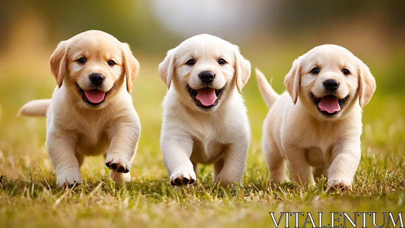 Three golden retriever puppies running on grass outdoors.