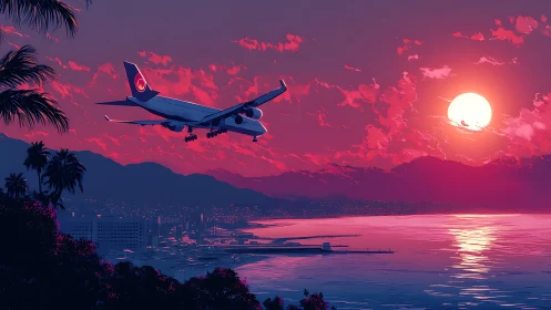 Digital sunset aviation scene with coastal city silhouette.
