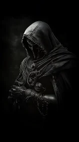 Hooded armored figure in dark cloak with chained adornments.