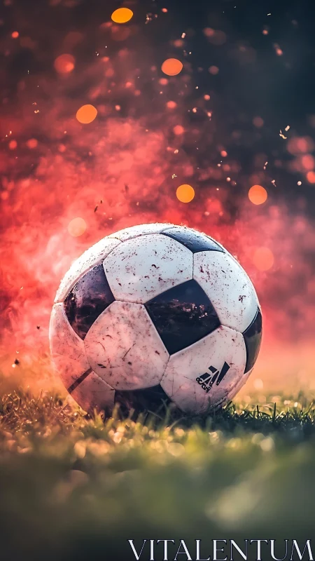 Weathered soccer ball on glowing turf amid fiery bokeh.