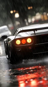 Black sports car on wet city street in heavy rain.