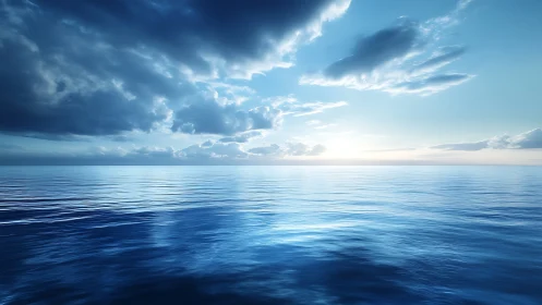 Sunrise light over calm reflective ocean horizon seascape.