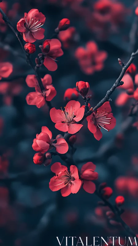 Red Cherry Blossoms on Dark Branch