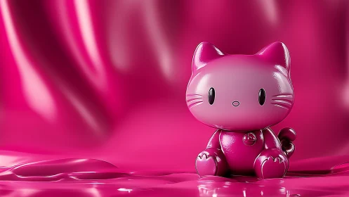Shiny pink cat figurine on glossy monochrome backdrop.