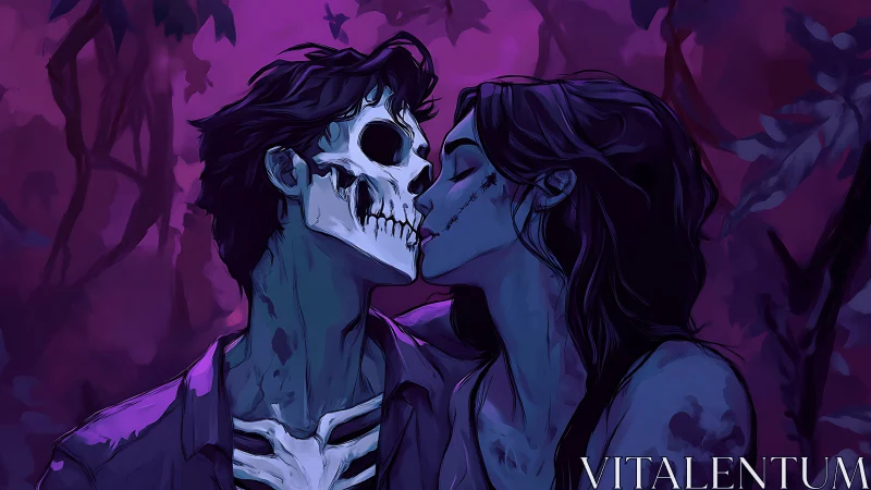 Moonlit kiss between death and devotion in violet dusk.