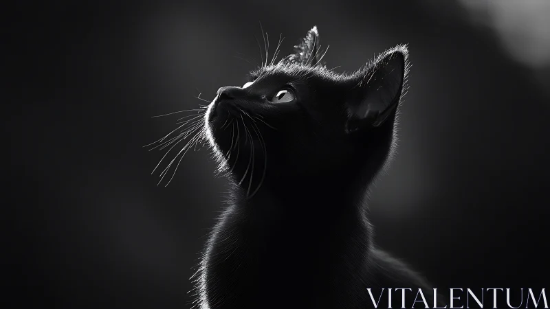 High-Contrast Feline Portrait with Rim Lighting and Upward Gaze.
