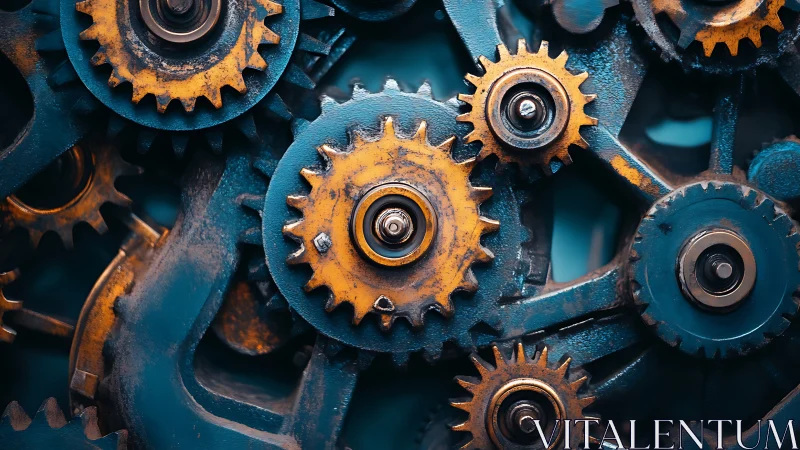 Rust-kissed clockwork gears whirring in teal steel embrace.