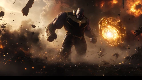 Armored titan traversing incandescent debris field in battle.