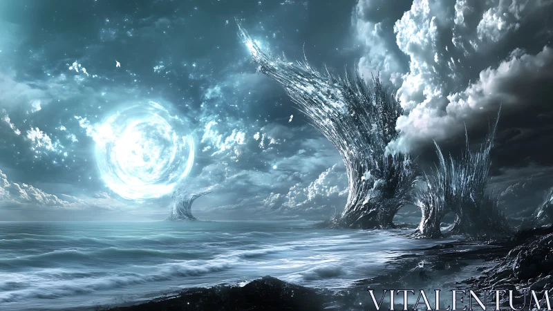 Stormlit alien shoreline with crystal spires awakening.