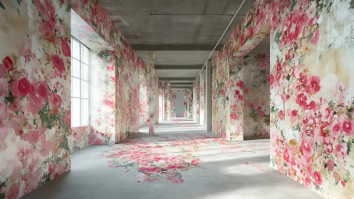 Floral mural corridor transforms raw concrete interior space.