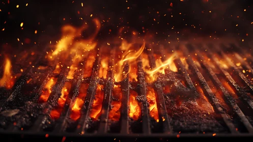 Incandescent Grill Flames Consuming Metal Grates.