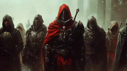 Hooded warriors in crimson and steel stride through mist.