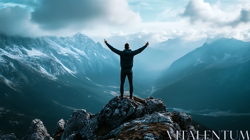 Joyful hiker opens their arms to a vast misty mountain valley