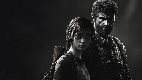 Two armed characters in monochrome digital portrait composition.