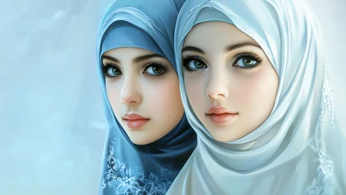 Two Women in Hijabs, Digital Art Portrait with Soft Blue Tones.