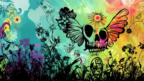 Butterfly-winged skull drifts above neon wildflower silhouettes.