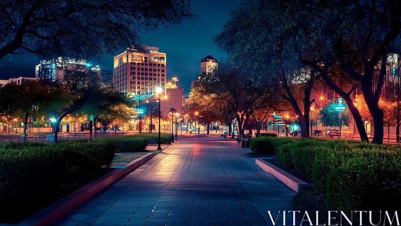 Neon city promenade glows under tranquil midnight skies
