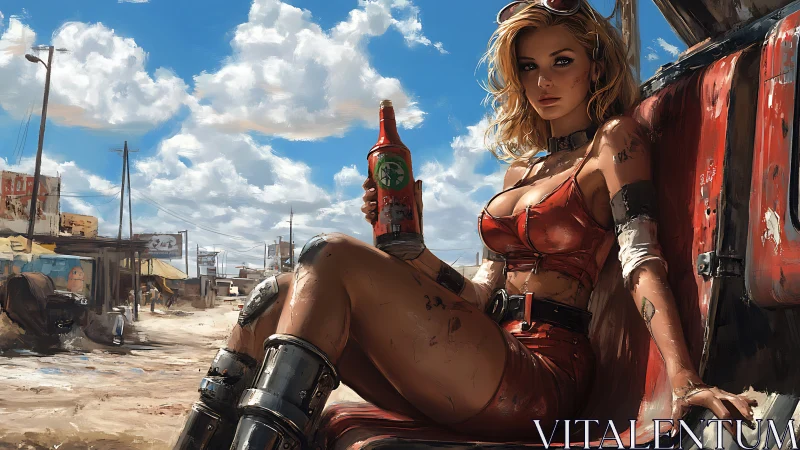 Post apocalyptic mechanic with cybernetic legs in desert outpost