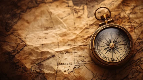 Brass compass dreaming over a timeworn treasure map.