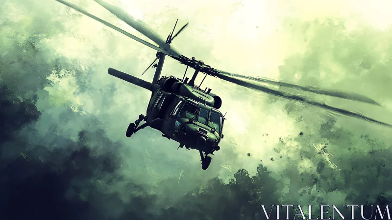 Stormbound military helicopter diving through toxic clouds.