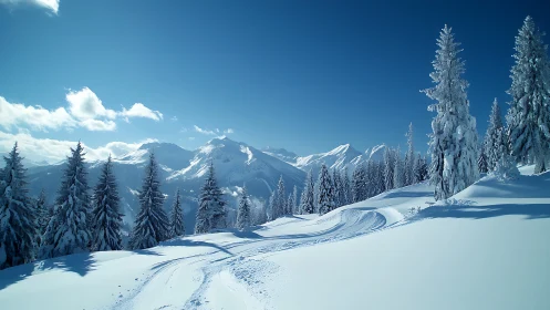 Snow-laden conifer slope with distant alpine ridge under clear sky