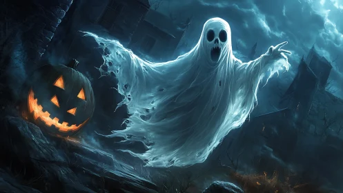Glowing ghost drifts past a jack o lantern on a stormy night