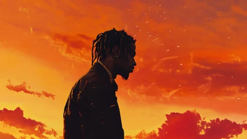 Sunset daydreams with a quiet figure in glowing clouds.